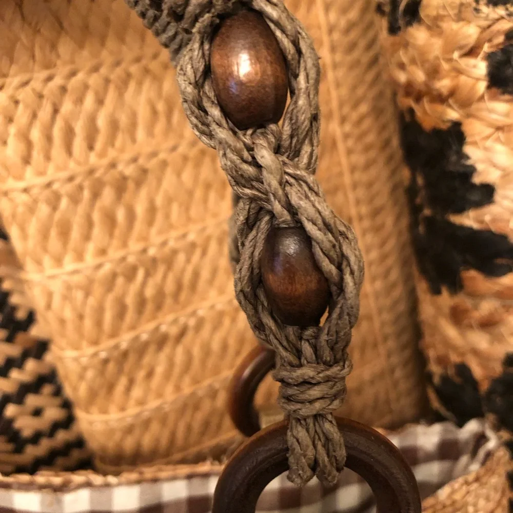 Vintage Croft & Barrow Straw Handbag with Macrame Wooden Bead Handle